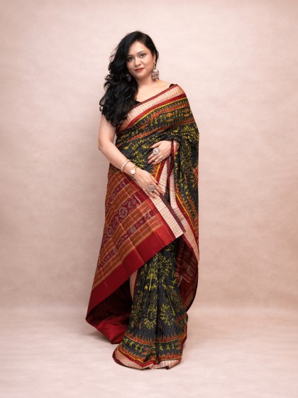 HANDWOVEN BLACK AND GOLDEN SAMBALPURI PATA SAREE